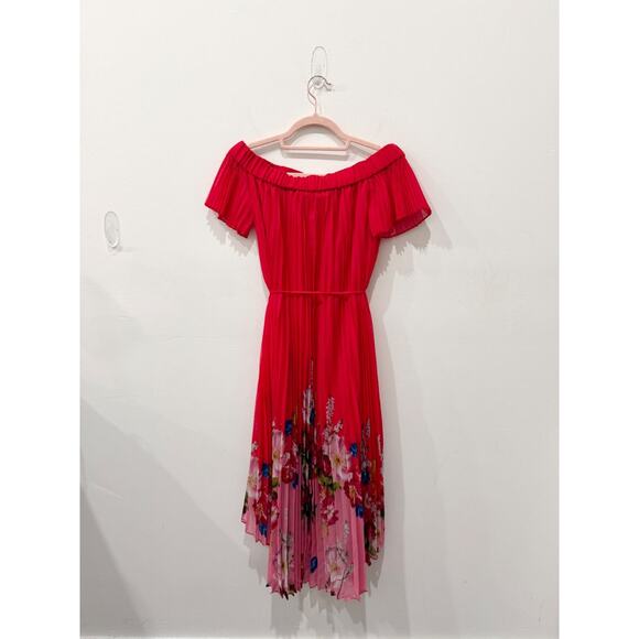 NWT Ted Baker Berry Sundae Bardot Floral Off-Shoulder Pleated Hi-low Dress Red 0 - Picture 4 of 8